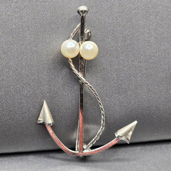 Curtis Jewelry - Vintage Curtis Sterling Silver Anchor Brooch 1.75" Pearls Signed DCE Nautical